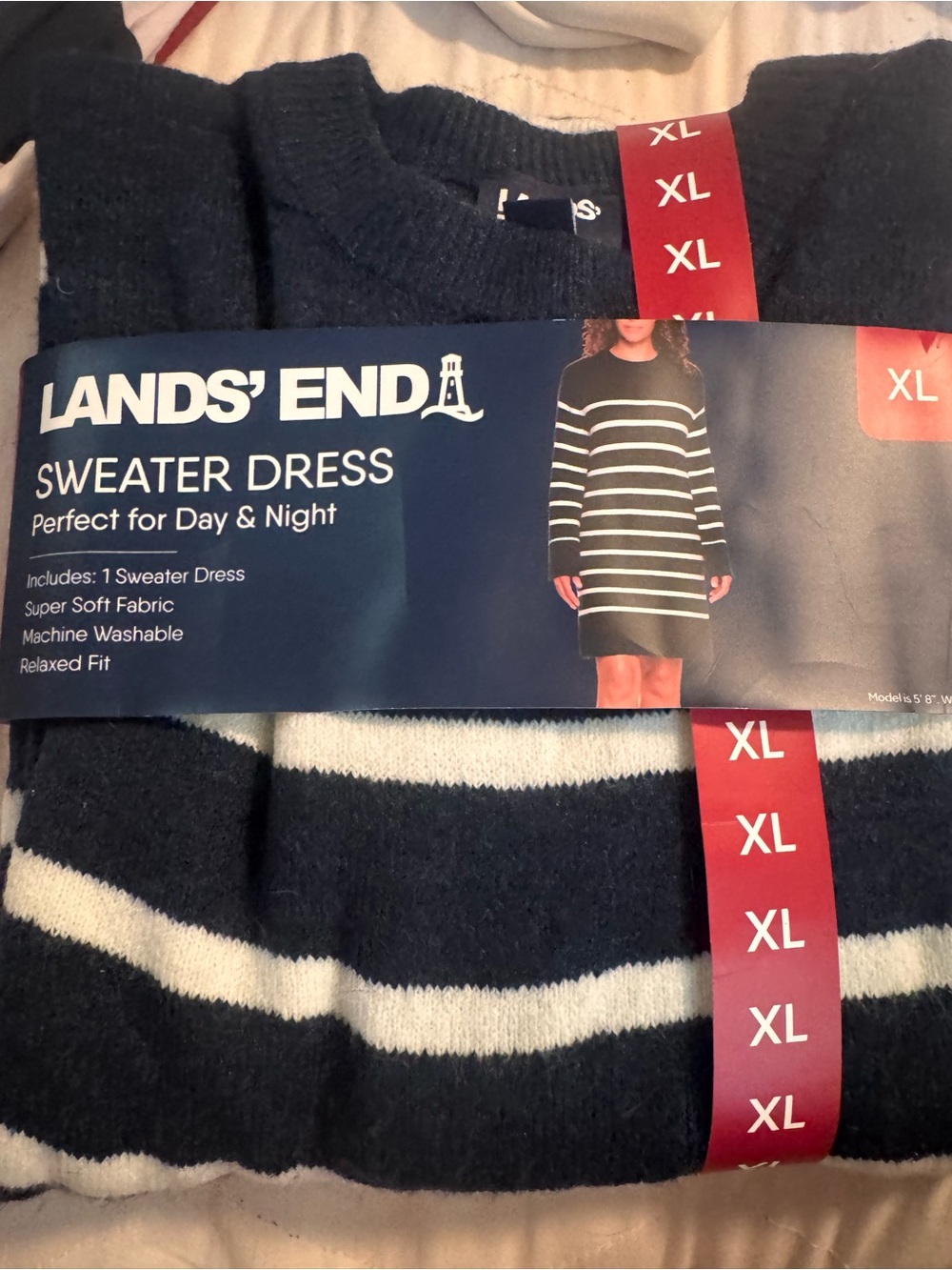 Lands' End Navy and White Striped Crewneck Sweater Dress